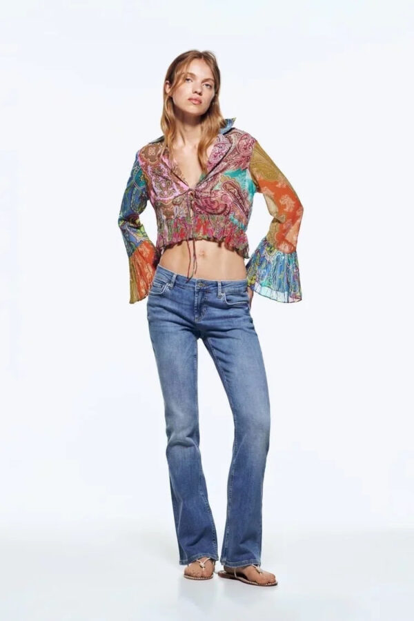 Printed Lace-Up Flare Sleeve Cropped Shirt - Image 3