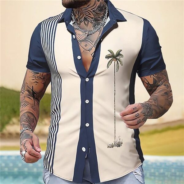 Hawaiian Palm Print Lapel Pocket Shirt - Image 5