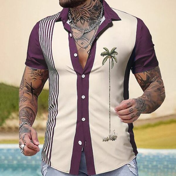Hawaiian Palm Print Lapel Pocket Shirt - Image 4