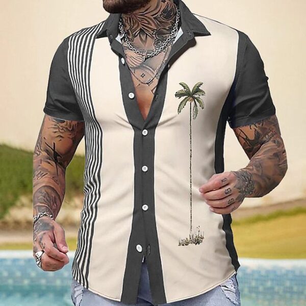Hawaiian Palm Print Lapel Pocket Shirt - Image 2