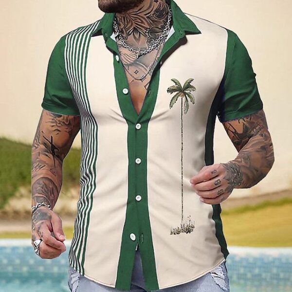 Hawaiian Palm Print Lapel Pocket Shirt - Image 3