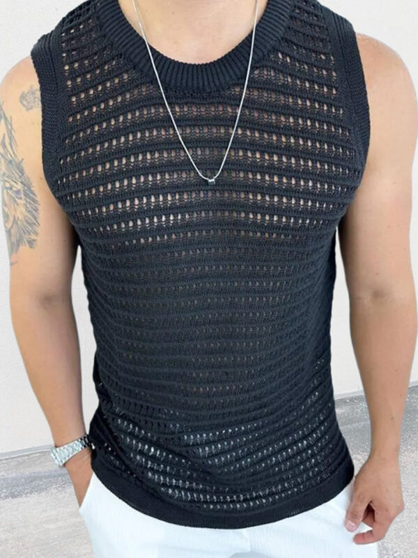 Solid Color Slim Sleeveless Hollow Knitted Vest - Image 5