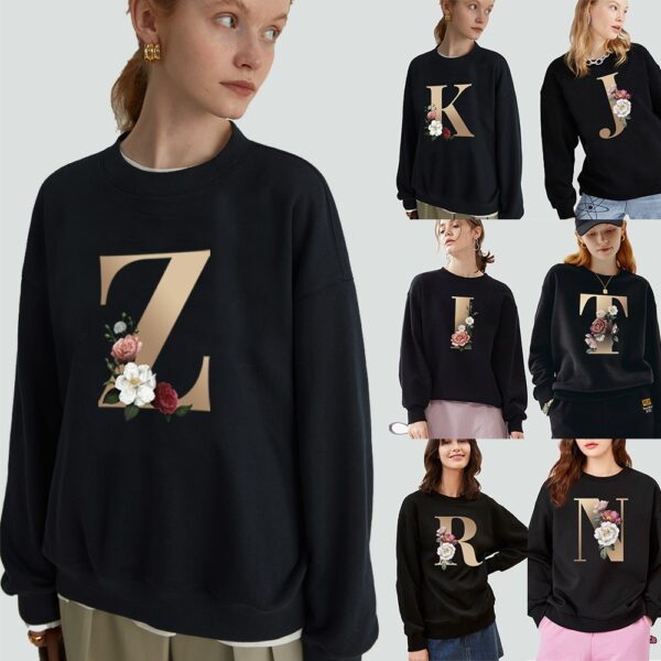 Black Pullover Initial Name Printed Series O-Neck Casual War