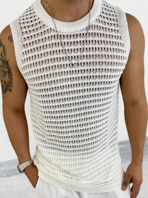 Solid Color Slim Sleeveless Hollow Knitted Vest - Image 3