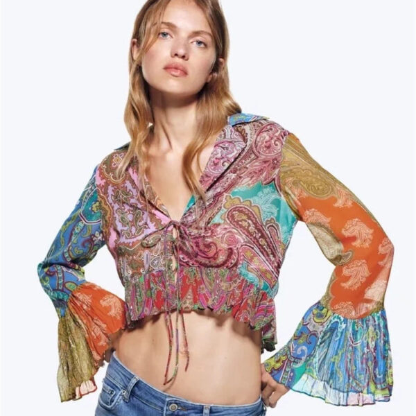 Printed Lace-Up Flare Sleeve Cropped Shirt