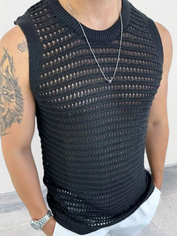 Solid Color Slim Sleeveless Hollow Knitted Vest - Image 2