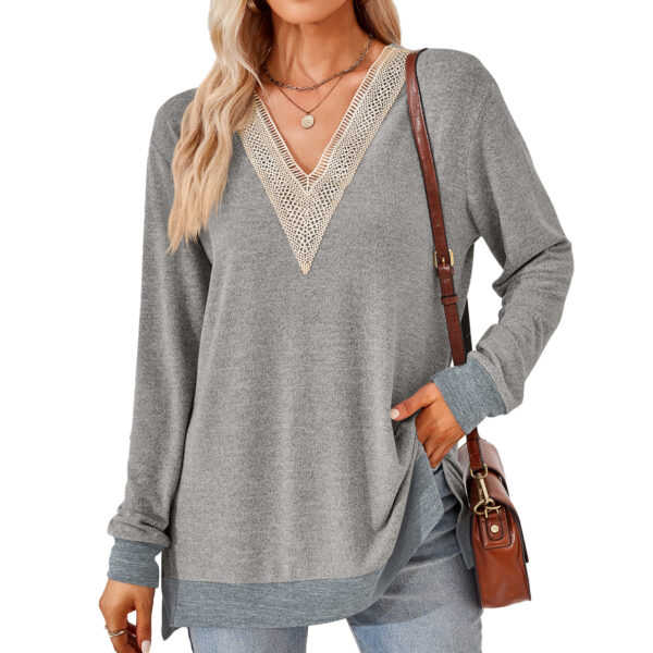 Women's Fashion V-neck Lace Solid Color Loose-fitting T-shirt Top - Image 4