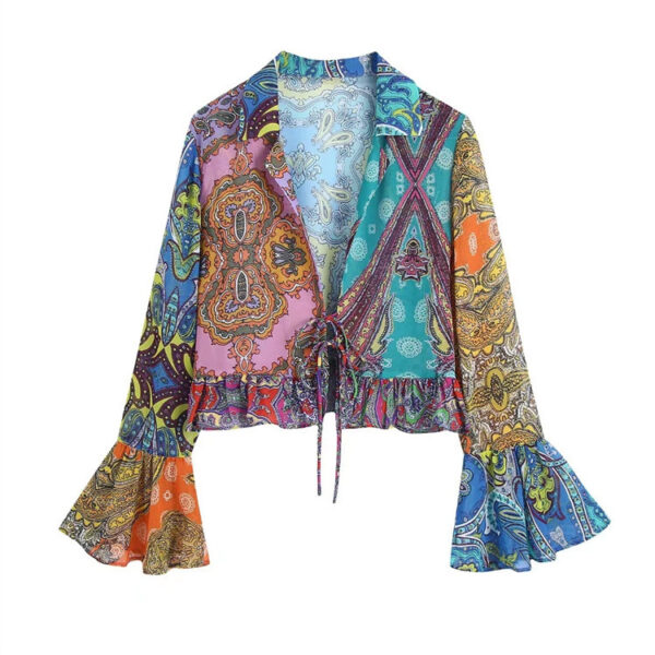 Printed Lace-Up Flare Sleeve Cropped Shirt - Image 4