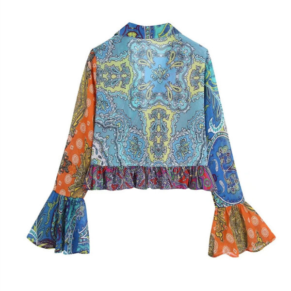 Printed Lace-Up Flare Sleeve Cropped Shirt - Image 5
