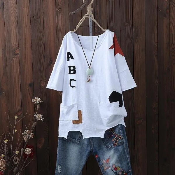 Literary Fan Patch Short-sleeved T-shirt Large Size Women's Loose - Image 3