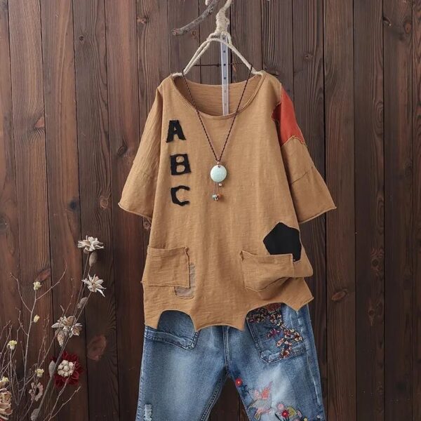 Literary Fan Patch Short-sleeved T-shirt Large Size Women's Loose - Image 2