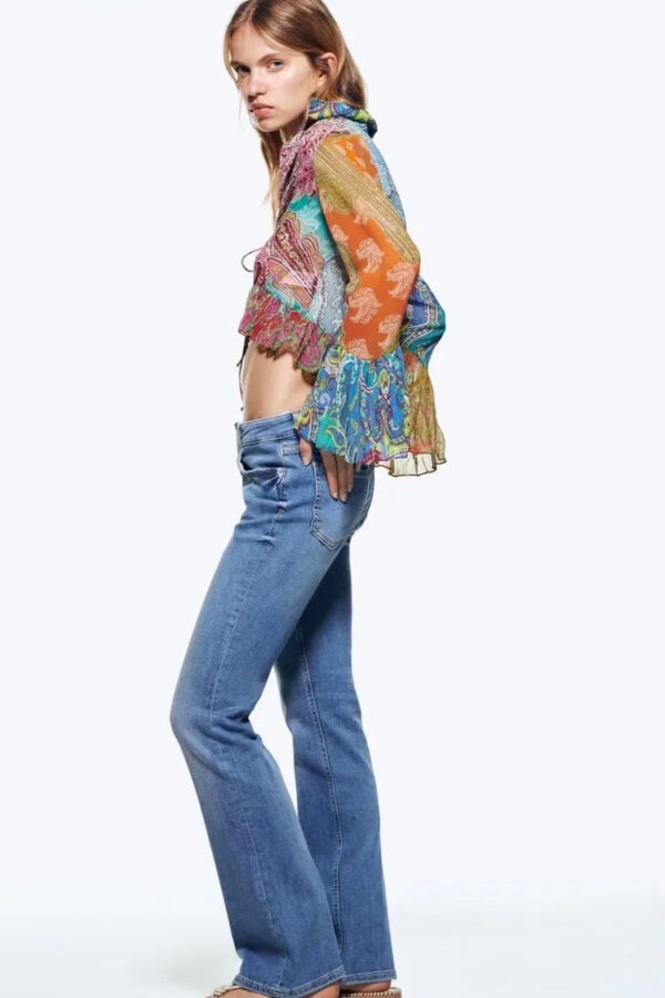 Printed Lace-Up Flare Sleeve Cropped Shirt - Image 2