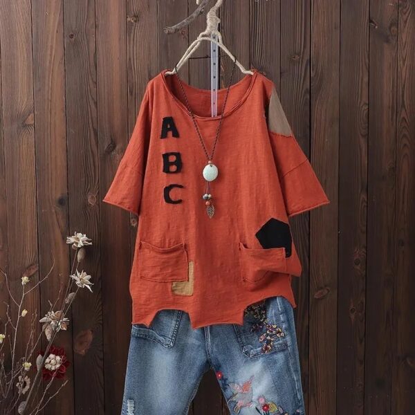 Literary Fan Patch Short-sleeved T-shirt Large Size Women's Loose - Image 7